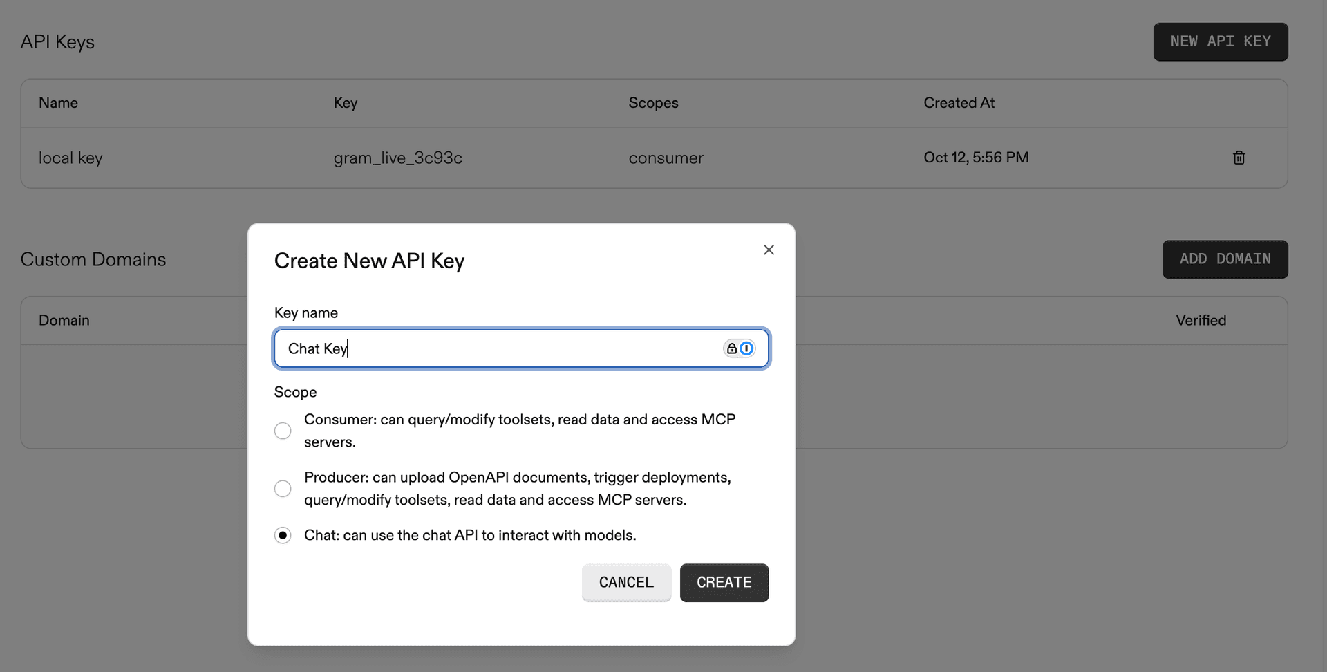 Screenshot of the Gram settings page showing chat API key creation