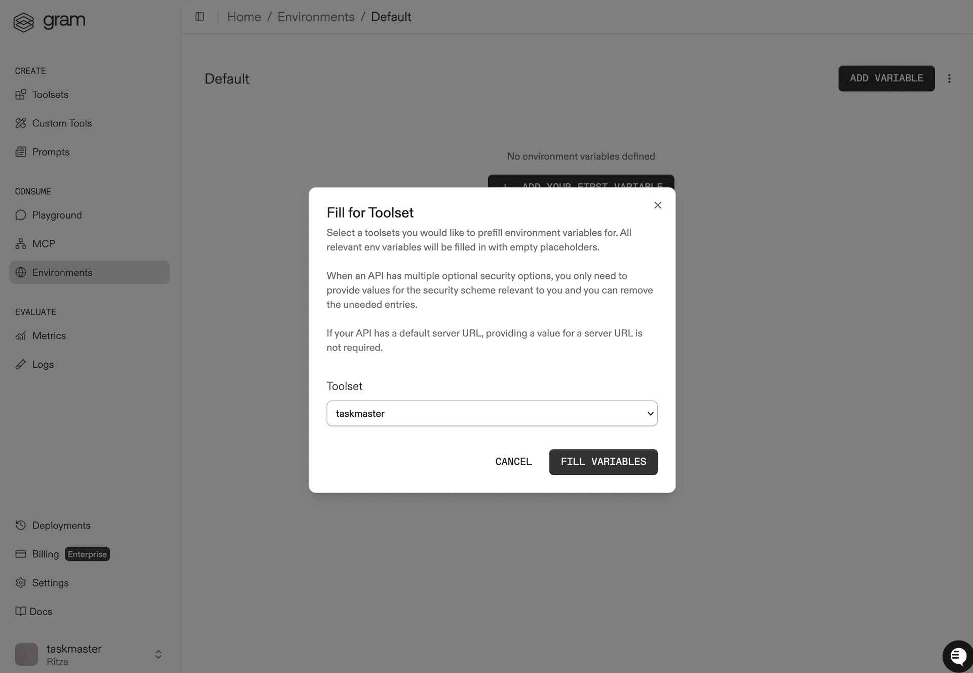 Screenshot showing the fill for toolset dialog to automatically populate required variables