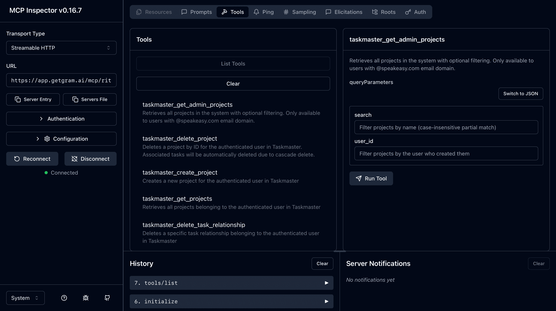 Screenshot of the MCP Inspector connecting to a Taskmaster MCP server