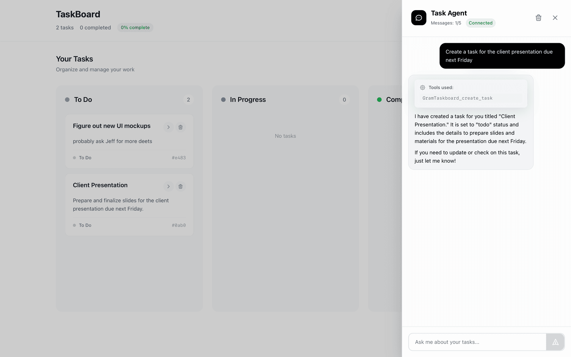 TaskBoard interface with added floating chat popup