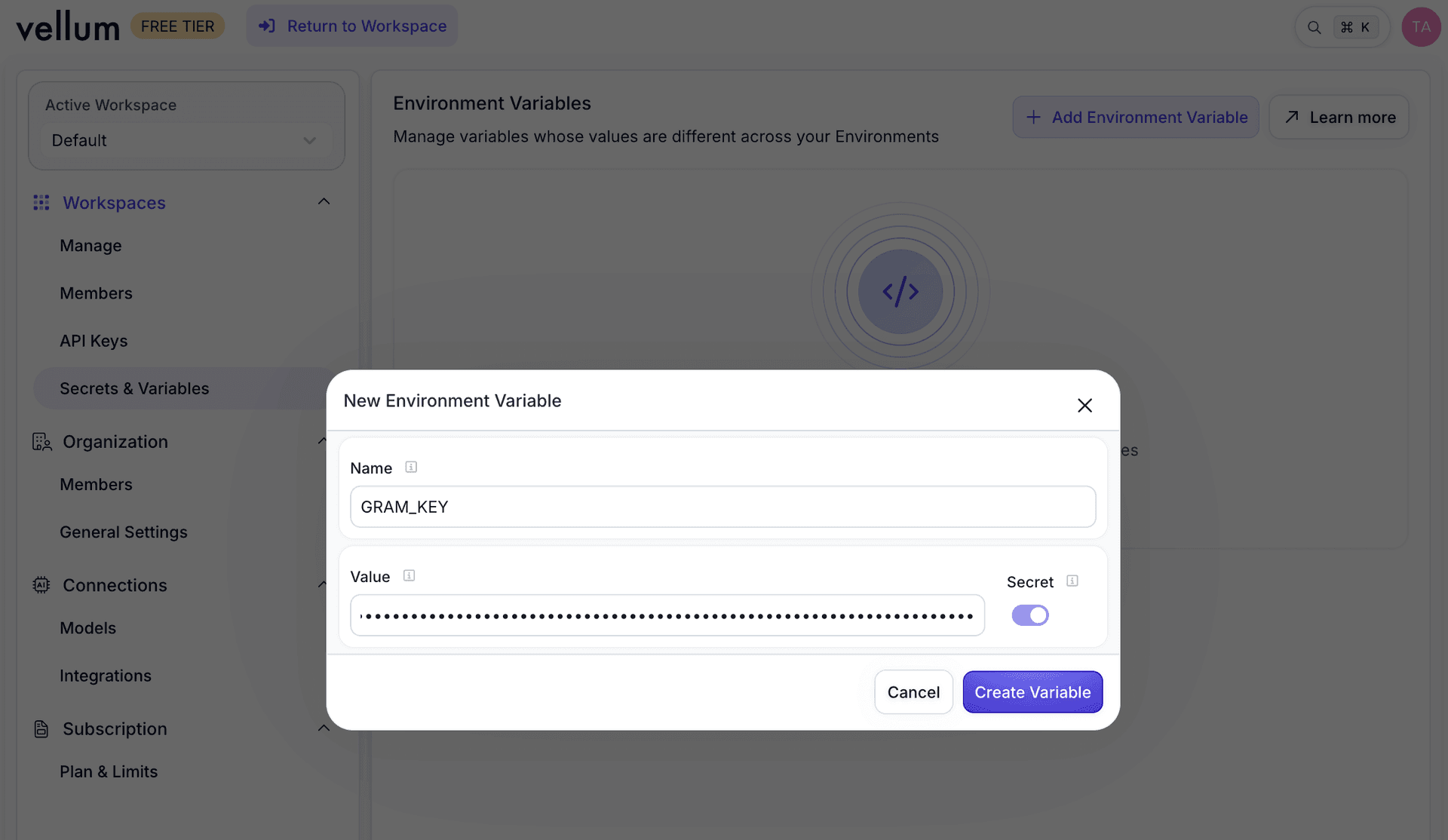 Screenshot of creating the GRAM_KEY environment variable in Vellum