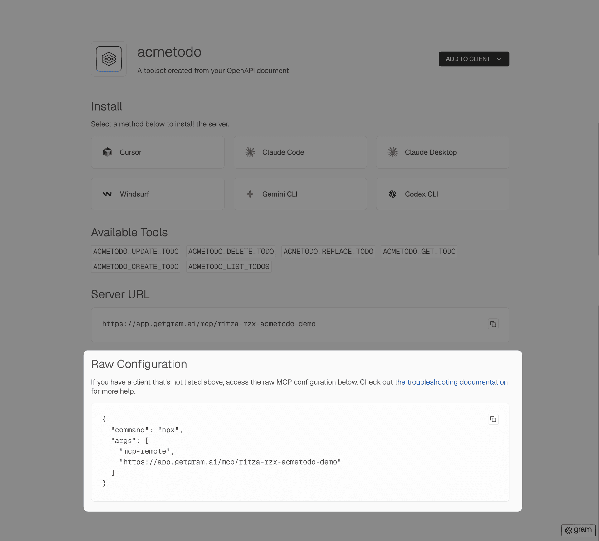 Screenshot showing the raw configuration for the Push Advisor toolset