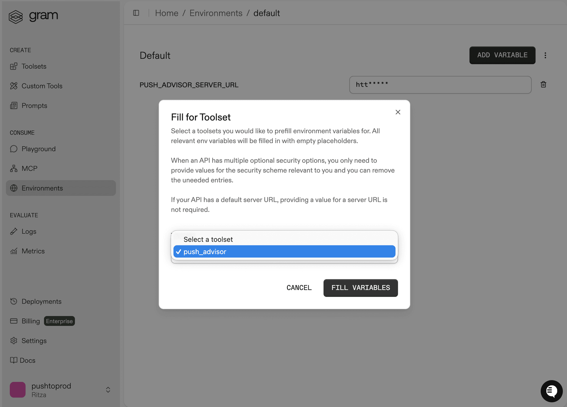 Screenshot showing the fill for toolset dialog to automatically populate required variables