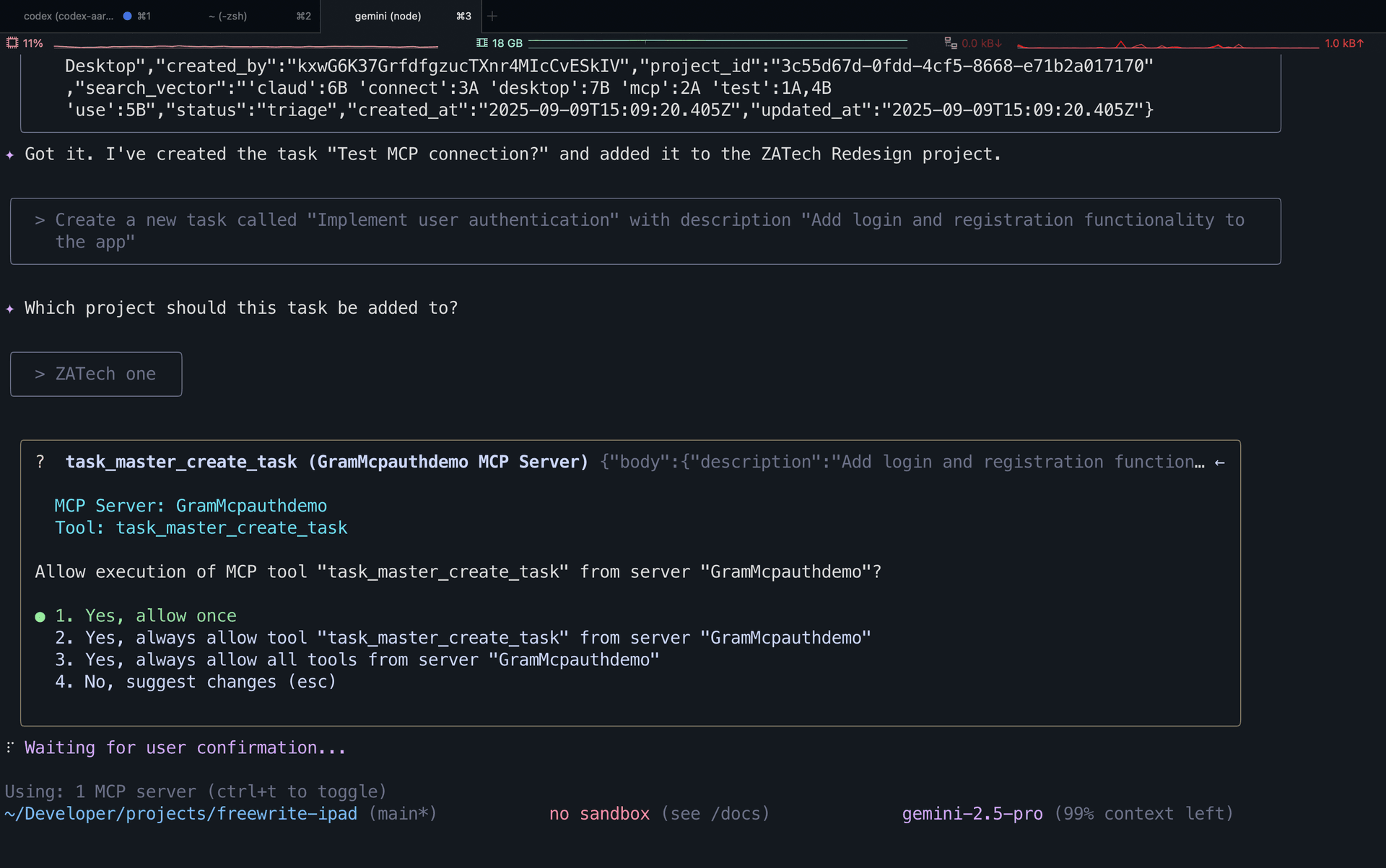 Screenshot showing Gemini CLI's tool permission prompt when requesting to use an MCP tool