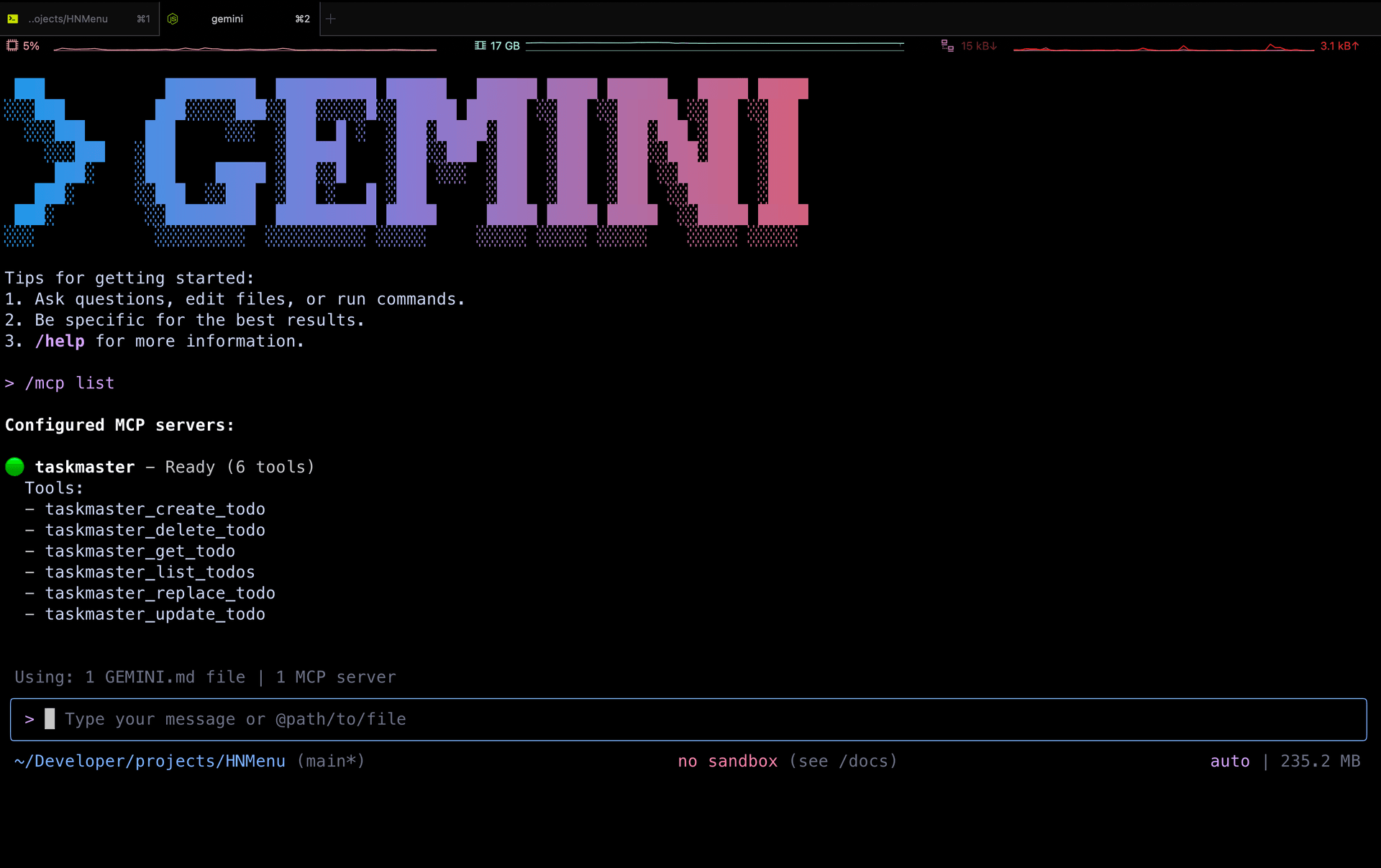 Screenshot showing Gemini CLI with the taskmaster MCP server installed