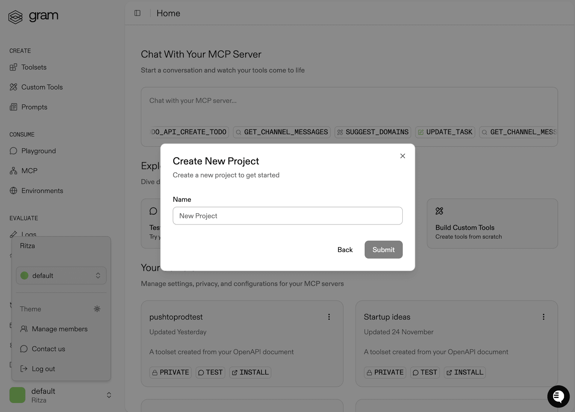 Screenshot of the Gram dashboard showing the New Project modal