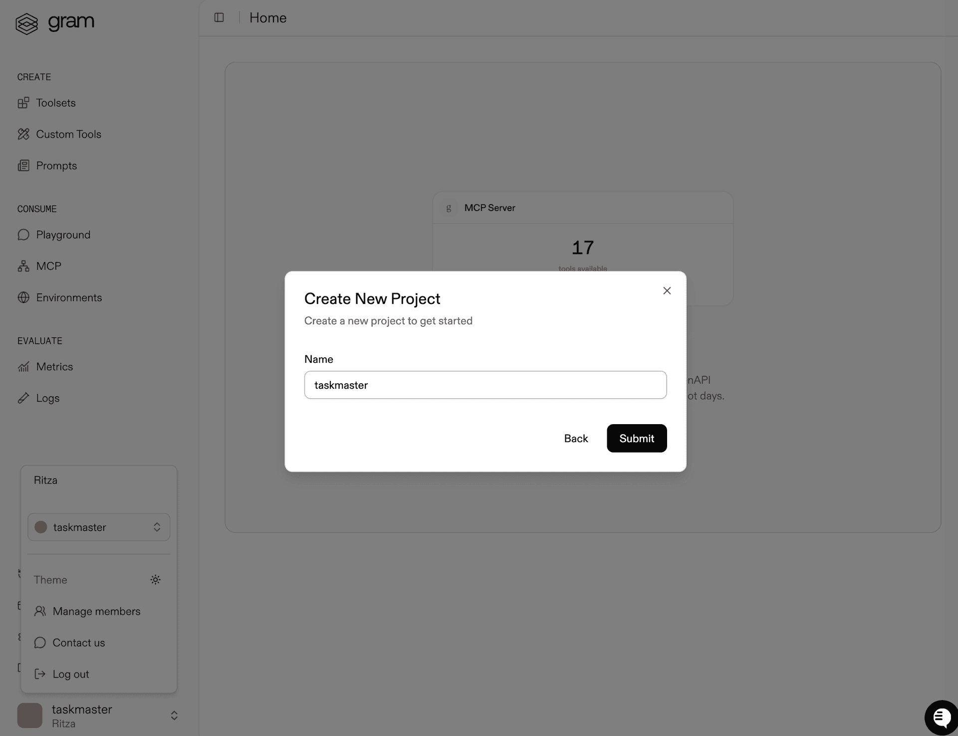 Screenshot of the Gram dashboard showing the New Project link