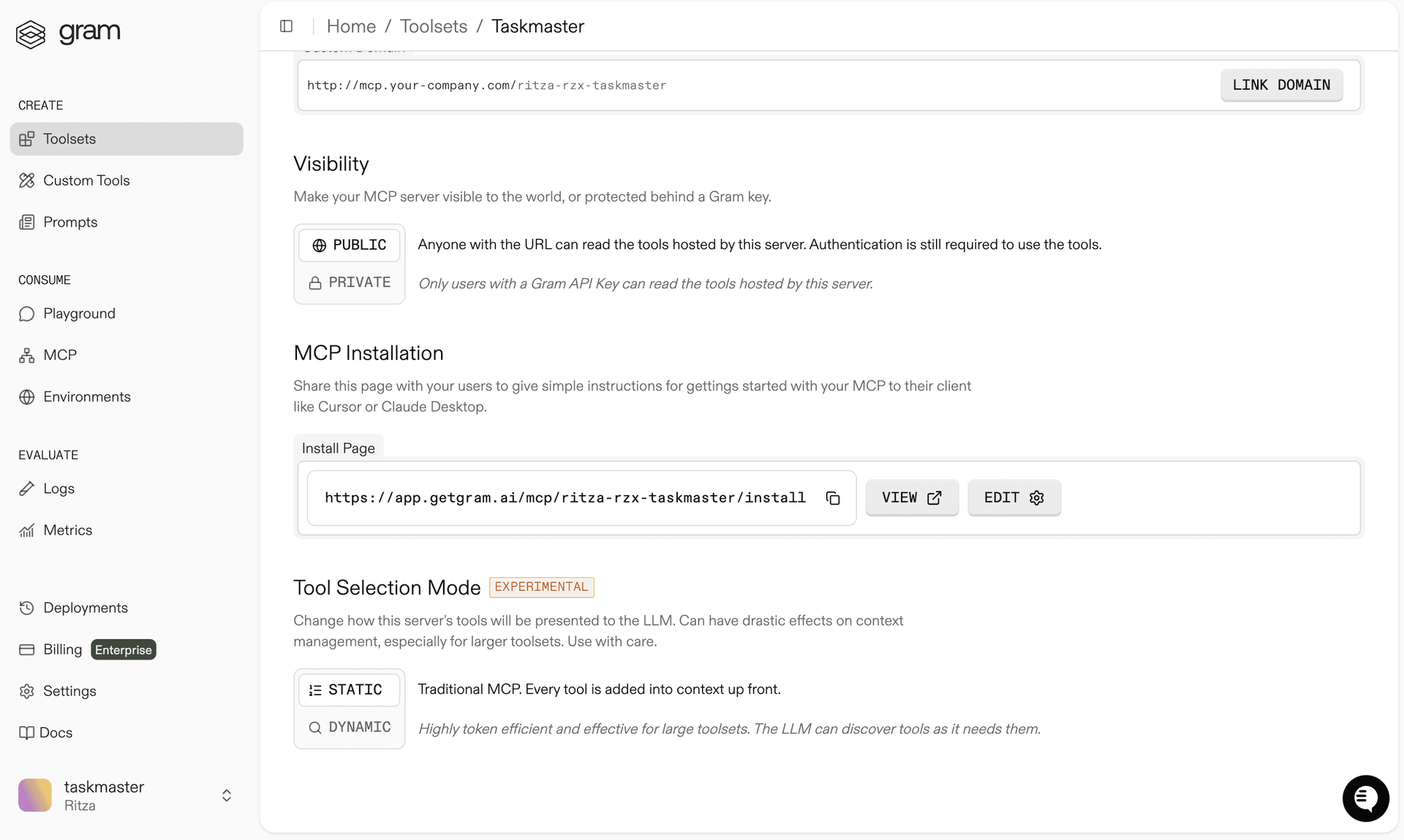 Gram MCP server dashboard showing Visibility settings with Public option selected and MCP Installation section showing the server URL