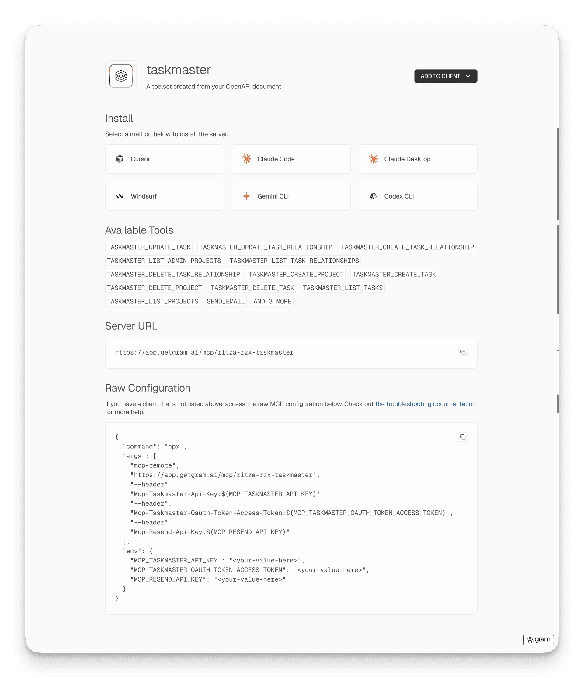 Gram MCP server installation page