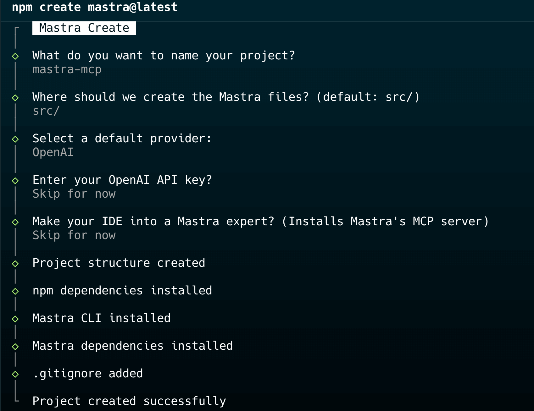 Screenshot of the Mastra project setup prompts
