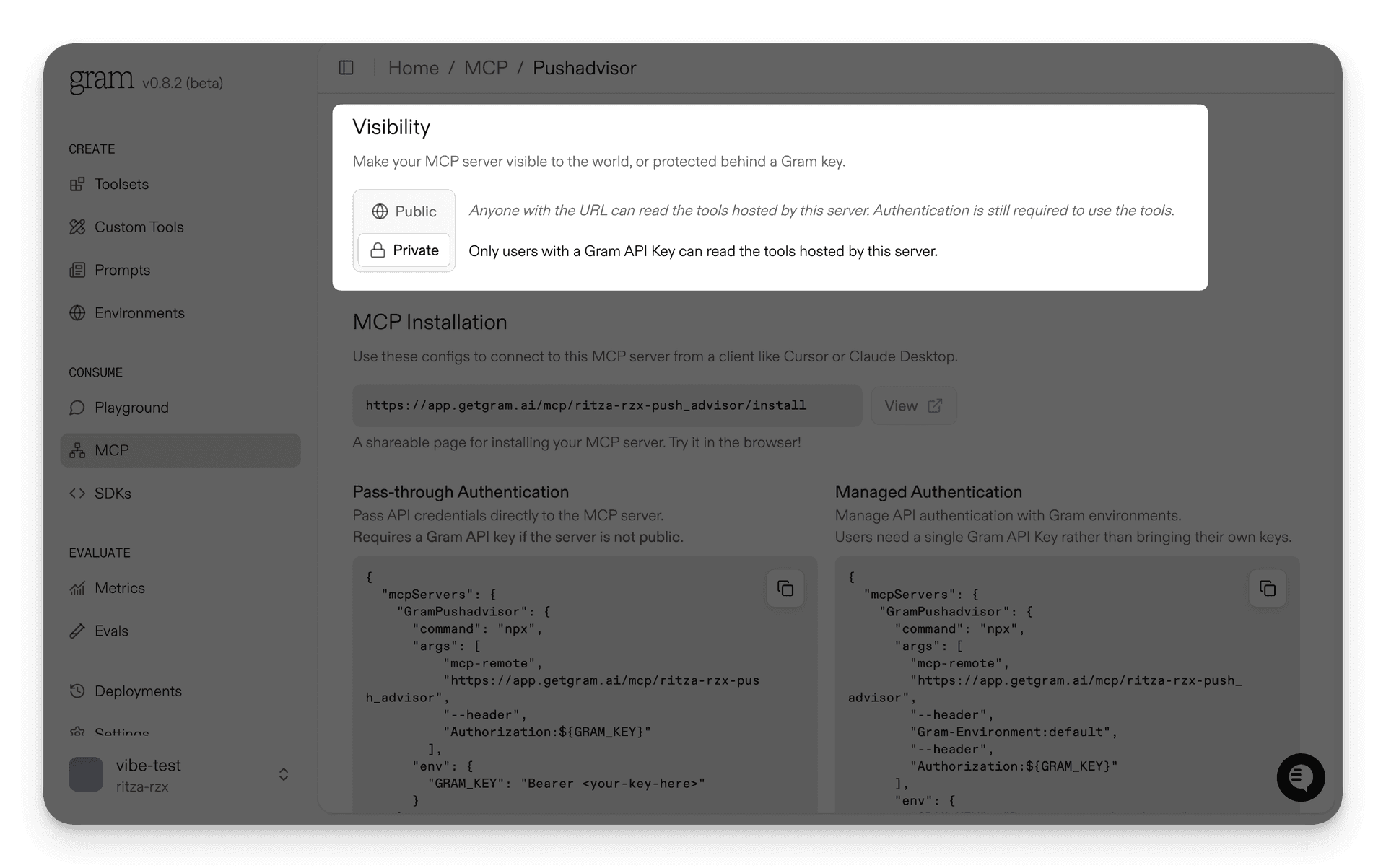 Screenshot of the MCP details page