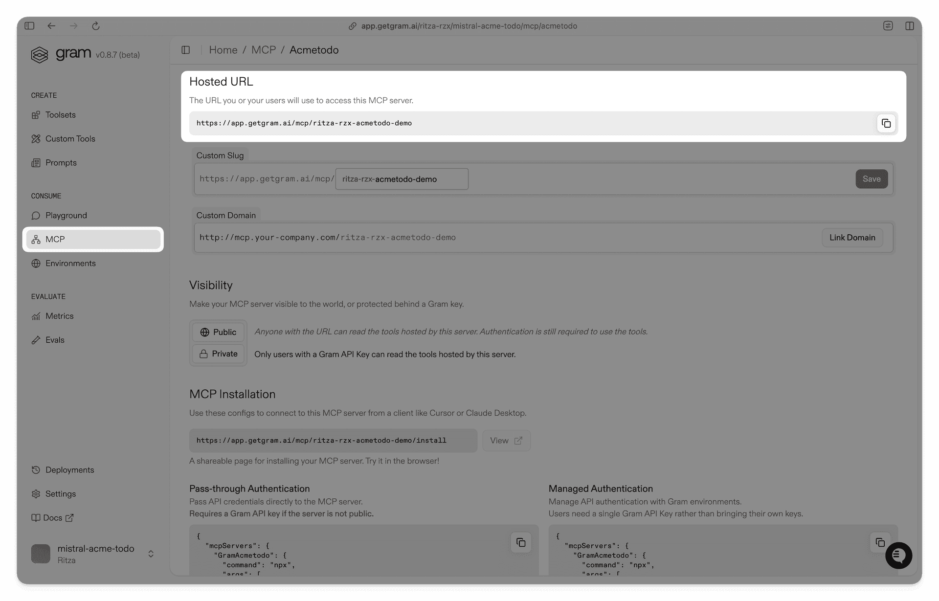Screenshot showing the MCP server config dialog for the Acme To-Do toolset