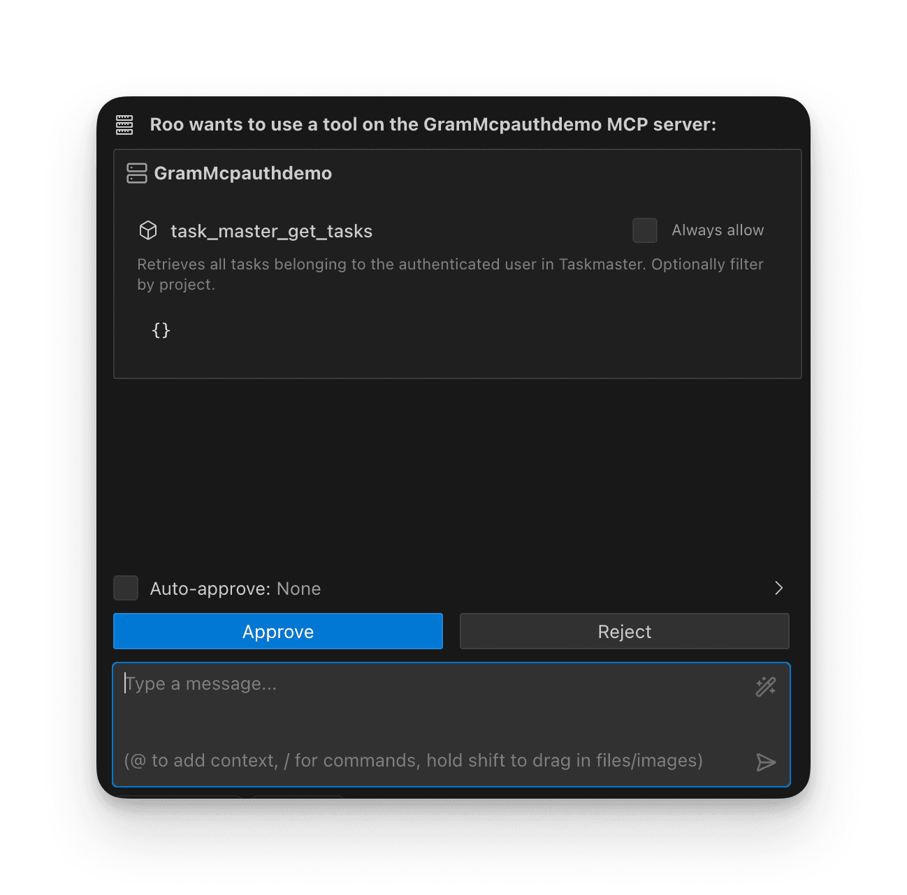 Screenshot showing Roo Code asking for permission to use the tool