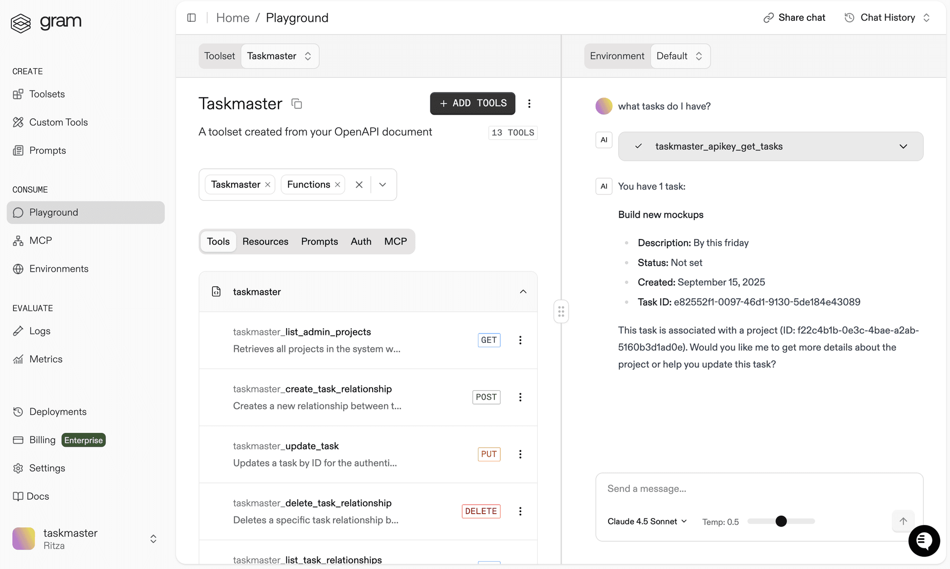 Testing the TaskBoard MCP tools in the Gram Playground