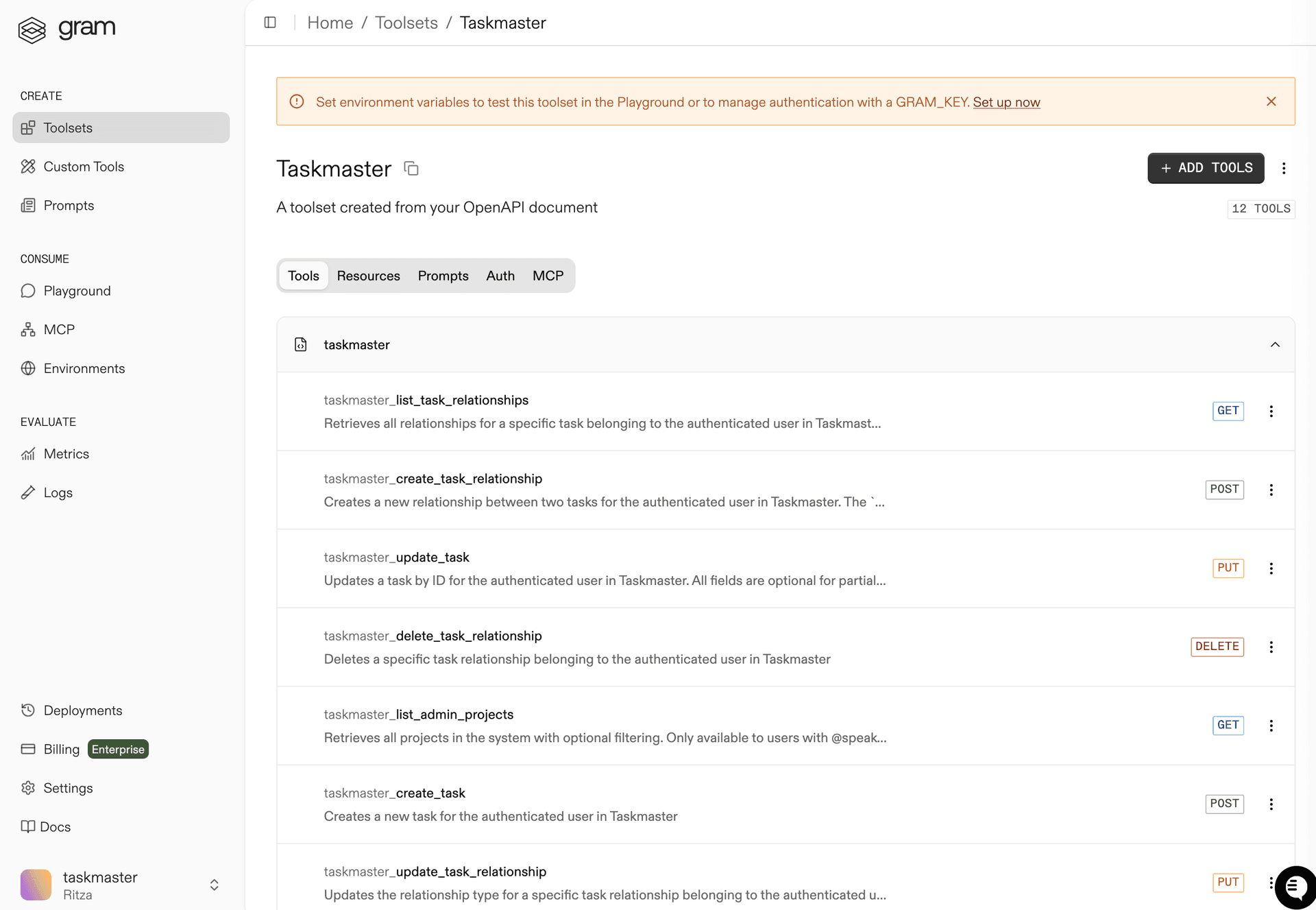 Screenshot of the Gram dashboard showing the Taskmaster toolset