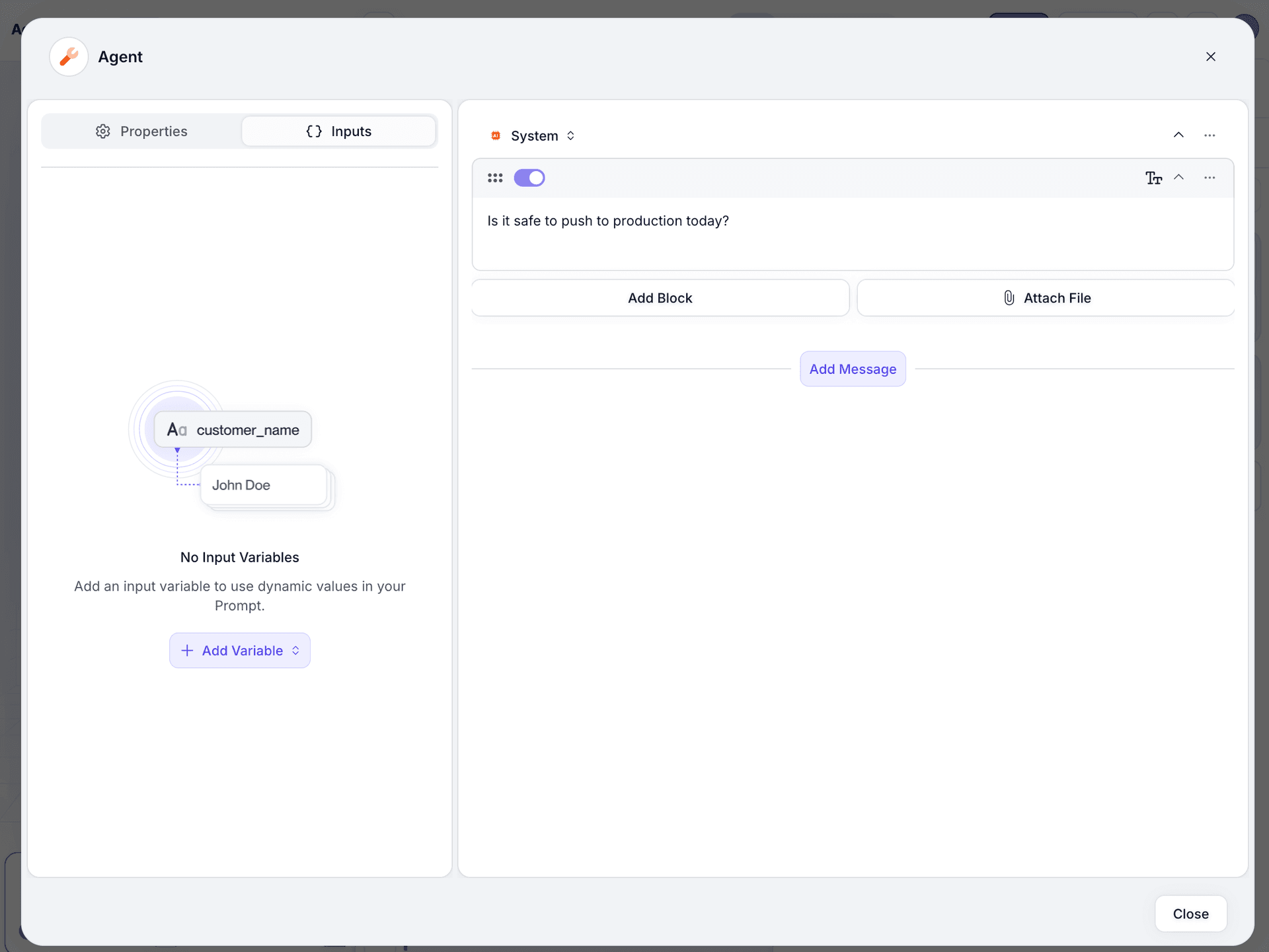 Screenshot of adding a system prompt to the agent