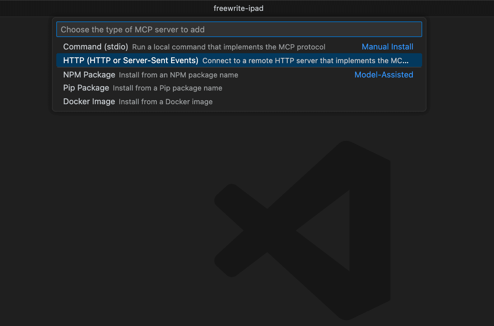 Screenshot showing the VS Code Add HTTP MCP Server dialog